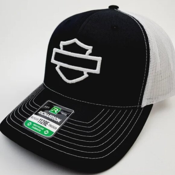 Black And White Harley Davidson  Embroidered Logo Mesh Snapback Richardson Hat - Picture 2 of 4